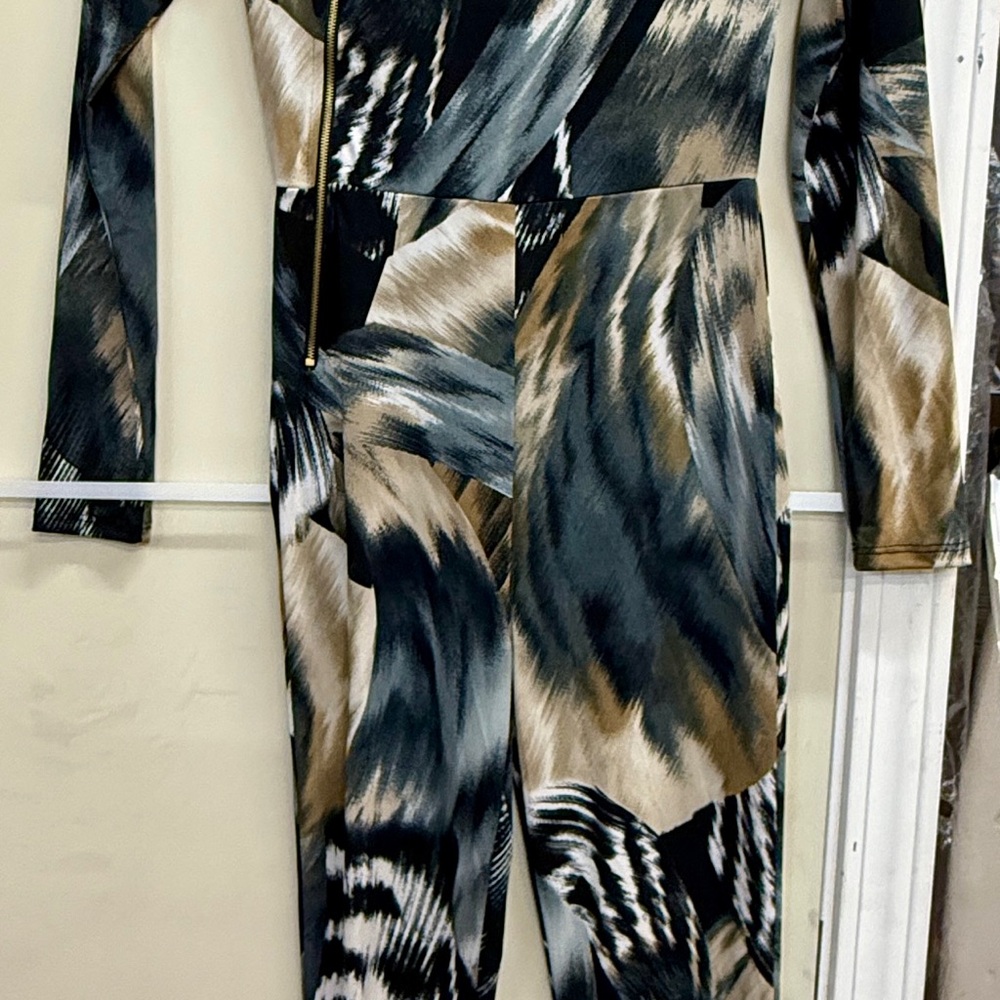 Fashion Nova Black, Gray & Tan Printed Jumpsuit with Sexy Sheer Leodard
